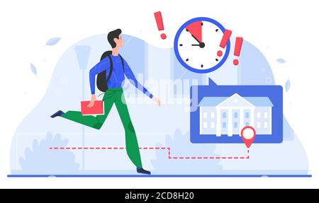 Gestion du temps, illustration du vecteur de concept d'échéance. Personnage de dessin animé à plat avec horloge et point d'exclamation tournant rapidement en heure de pointe, dépêchez-vous dans l'échéance stress de travail isolé sur blanc Illustration de Vecteur