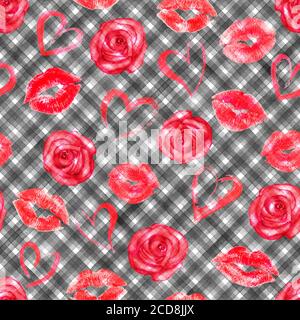 Arrière-plan vintage avec coeurs, lèvres, roses d'aquarelle rouge sur des rayures noires sans couture motif. Aquarelle peint à la main rayures vieux grunge textur Banque D'Images