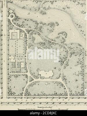 . Pelouses et jardins. Comment planter et embellir le lot de maison, le terrain de plaisir et le jardin . ce est simple et attrayant, construit de brique et de pierre. Les terrains sont plus de conception plus élaborée que d'habitude dans ce pays, impliquant plus de carriéet donnant plus de satisfaction que le courant habituel des jardins.il est simplement montré comme un exemple de ce qui peut être fait dans un si petit endroit. Le potager est suffisant pour la famille d'alarge. Les arbres fruitiers sont plantés ici et là dans le lawn près du potager et forment des groupes assez attitivegroups, surtout lors de la floraison. Le trajet jusqu'à la stableest une avenue de r Banque D'Images