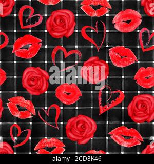 Arrière-plan vintage avec coeurs, lèvres, roses d'aquarelle rouge sur des rayures noires sans couture motif. Aquarelle peint à la main rayures vieux grunge textur Banque D'Images