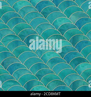 Motif japonais sans couture Mermaid Fish Scale Wave. Aquarelle fond bleu turquoise turquoise clair dessiné à la main avec contour doré. En aquarelle Banque D'Images
