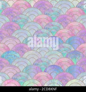 Motif japonais sans couture à l'échelle des poissons de sirène abstrait. Aquarelle dessin à la main fond coloré lumineux avec contour doré. Echelle d'aquarelle sha Banque D'Images