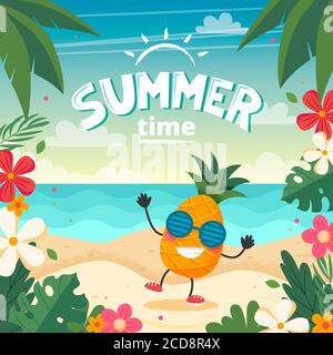 Carte de l'été avec personnage ananas, paysage de plage, lettrage et cadre floral. Illustration de style plat Banque D'Images