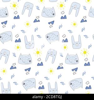 Joli motif animal de la forêt sans coutures. Loup et lièvre. Fond de dessin animé scandinave pour bébé. Design pour tissu, textile, décor. Illustration du vecteur Doodle Illustration de Vecteur