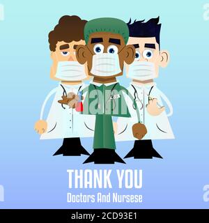 Dessins animés médecins ou infirmières. Carte de remerciement pour les travailleurs de la santé travaillant dans les hôpitaux et luttant contre le coronavirus, illustration vectorielle. Illustration de Vecteur