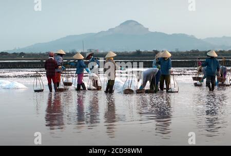 Les gens, les eaux de Nha Trang, province de Khanh Hoa, Vietnam. Récolte du sel Banque D'Images