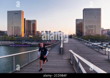 France, Paris, les rives de la Seine Bibliothèque nationale de France (Bibliothèque nationale de France) par l'architecte Dominique Perrault vu de la passerelle Simone de Beauvoir par l'architecte Dietmar Feichtinger Banque D'Images