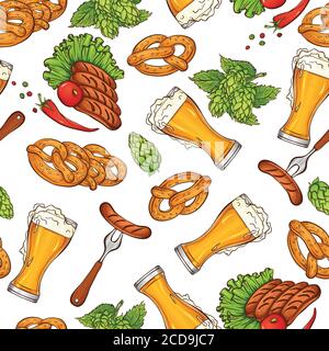 Modèle de festival de la bière Oktoberfest. Illustration vectorielle avec des éléments traditionnels du festival bière, saucisses, bretzels, houblon. Motif sans couture isolé sur fond blanc. Style pub, restaurant, bar Illustration de Vecteur