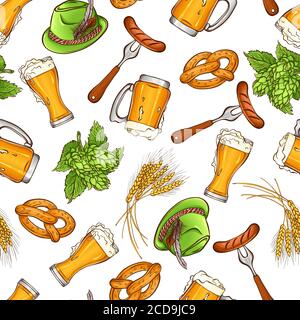 Modèle de festival de la bière Oktoberfest. Illustration vectorielle avec éléments traditionnels du festival bière, saucisses, bretzels, chapeau, houblon.sans couture motif isolé sur fond blanc. Style pub, restaurant, bar Illustration de Vecteur