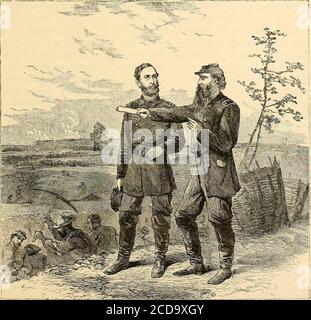 . Rédempteur de la république : la troisième période de la guerre de la rébellion, en l'an 1864 . ne pas conduire les Confédérés d'un ancien PORT FROID de la FKOM À PETERSBOURG. 333 cavacation dans laquelle ils étaient à l'abri. Pas jusqu'à ce que le soleil se soit couché les différentes divisions en place. Nous devons penser à une grande artillerie déracinée, plus de cent cinquante canons des deux côtés sendingSolid shot et Shell dans les rangs opposés. Dans le ravin, à travers les vents de Harrisons Creek, les hommes étaient en bleu, luttant au milieu des fallades pour se rendre jusqu'aux lignes confédérées. Par le chemin de fer Banque D'Images