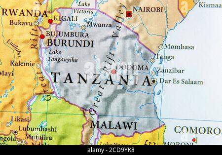 Carte géographique du pays de Tanzanie avec des villes importantes Banque D'Images