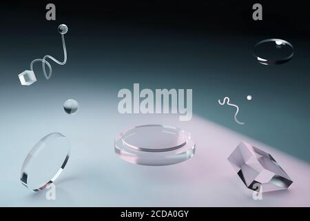 Les figures en verre fluo 3D planent dans l'espace ou dans l'océan. Le podium pour les maquettes Banque D'Images