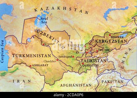 Carte géographique du Turkménistan, du Tadjikistan, du Kirghizistan et de l'Ouzbékistan avec des villes importantes Banque D'Images