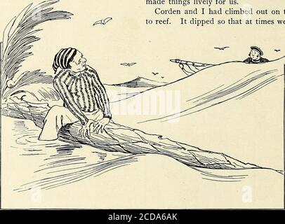 . Saint-Nicolas [série] . DEUX HOMMES À LA MER ! (Un fil de vieux sels.) Par E. Boyd Smith. C'était en 62, et, avec une bonne cargaison de bois en rondins à bord, nous naviguions le long de la côte, essayant d'entrer dans la piste des vents d'échange pour une maison de course droite. Le vent était assez léger, et nous avions tous les voiles mis; nous avons quand même fait beaucoup de chemin de tête. Nous avons été tellement habitués à calmer la rage. Le navire était en panne sur ses extrémités de faisceau, le long de la prise de vue comme une série de foudre.tout était déchirant et craquant. Wepensais que les mâts seraient arrachés d'elle. Le capitaine était dans un grand état. Nous ne pouvions pas travailler assez vite pour lui. Il Banque D'Images