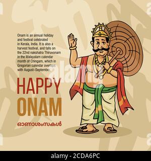 Festival d'Onam de Kerala Mahabali également kown Maveli dans le vieux fond Avec Happy Onam Illustration de Vecteur