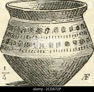 . Revue de l'art chrétien . MÉLANGES ET CHRONIQUE. 89 CEST aussi certaination aux pieds quont été recueillis les vases de terre dontdouze ont été extras entiers et huit autres par morceaux. Sur douze vases, neufsont noirs, et les autres blancs ou routes. Leur forme, pertuement la même, present que toujours, sur la danse , un ou deux rangs dorsaux gradés freux, à laide dune roulette ou dun poinçon. Les dessins sont des chevrons, desdents de scie, des nattes, des nébules, des croix de saint André, en un mot de la future architecture romane. Banque D'Images