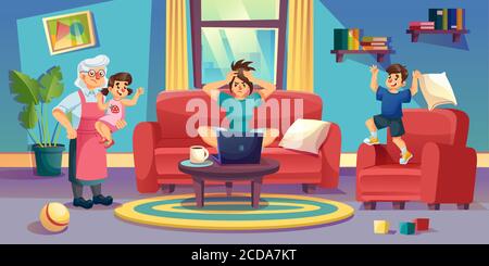 Les enfants méchants agacent la mère freelance à la maison Illustration de Vecteur