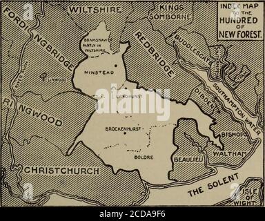 . Une histoire du Hampshire et de l'île de Wight . d,Godshill, Nova Villa,Fritham, Canterton,Minstead, Bartley, Lyndhurst, Brockenhurst et Brookley.3 le centième est resté pratiquement inchangé jusqu'en 1662,4, mais entre cette date et 183 1 la partie de la paroisse de Fawley jusqu'ici incluse dans le centième de la Nouvelle forêt a été transférée à celle des évêques Waltham.5 Since1831 Minstead et Lyndhurst ont été enlevés à Thorngate cent. Le quartier extra-paroissial de Linwood, à l'exception de son insertion sous cette centaine en 1831, appartient correctement à Fordingbridge cent, et isnow un port détaché Banque D'Images