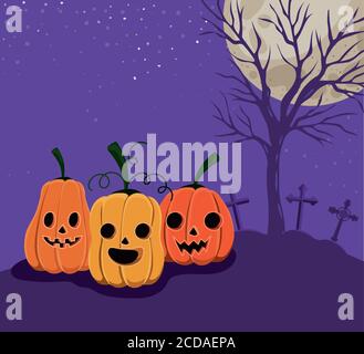 Halloween croise des tombes citrouilles et des arbres devant la lune paysage design, Holiday et effrayant thème illustration vectorielle Illustration de Vecteur