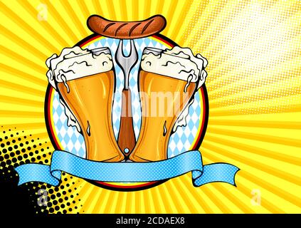 Fond vectoriel de couleur vive en style Pop Art. Illustration avec deux verres de bière et une saucisse sur une fourchette. Étiquette avec bannière de ruban et espace pour le texte. Affiche à l'oktoberfest, festival de la bière Illustration de Vecteur