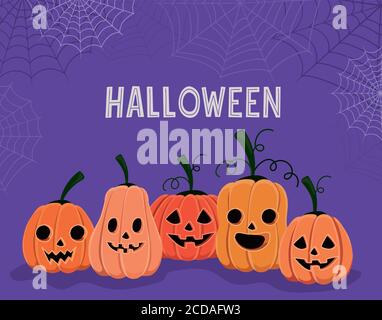 Dessins animés de citrouilles d'Halloween avec motif Spiderwebs, illustration des fêtes et des vecteurs de thème effrayant Illustration de Vecteur