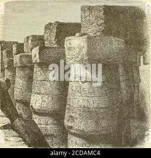 . Voyages en zigzag dans le Levant, avec un conteur d'histoire talmudiste : un voyage de printemps du club Zigzag à travers l'Egypte et la Terre Sainte . KARNAK, HYPOSTYLK HALL, LES RUINES DE LA REINE VILLE DU MONDE. 141 la plaine était jaune et verte ; les palmiers hocha la tête dans les vents du Nil, et des fantômes de palais sont apparus partout. Les visiteurs. KARXAK, MUR EXTÉRIEUR. A rencontré des chauves-souris dans les ruines; et des garçons arabes avec des ânes sont venus les visiter, et a plaidé dans une langue inconnue avec Ali Belair. Certains de ces garçons arabes étaient très beaux. Ils semblaient n'avoir aucune ambition sauf pour la journée, où que soient nos touristes Banque D'Images