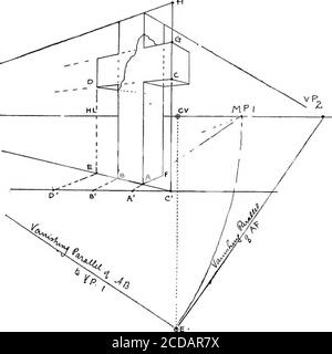 . Perspective pour les étudiants en art . FIA. 201.—diagramme Q. 9. Dans la solution de cette question, nous trouvons d'abord V.P. de résoudre les problèmes 259 AB, le bord avant de la base de la croix. Ensuite, nous apportons BAvers l'avant au moyen de ce V.P.i jusqu'à ce que nous puissions le couper Inc sous C. à C nous faisons notre G.L. FindingM.P.1, nous trouvons A^ et B sur la ligne de terre, AC beingla longueur réelle d'un bras de la croix. Nous donc. Figure 202.—la croix restaurée. Mettre BD égal à AC, et obtenir E, qui, lorsqu'il est lancé, rencontre les lignes de G- et 0, et complète le bras gauche de la croix. Le dessous de ce bras neuf disparaît en V. Banque D'Images