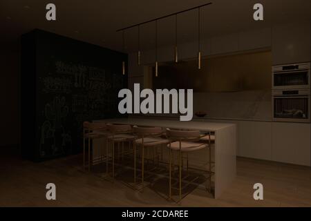 Illustration 3D d'une cuisine avec éclairage de nuit. Banque D'Images