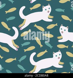 Mignon dessin animé blanc sautant chat gras avec poissons. Motif vectoriel sans couture Illustration de Vecteur