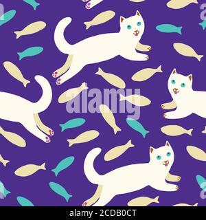 Mignon dessin animé blanc sautant chat gras avec poissons. Motif vectoriel sans couture Illustration de Vecteur