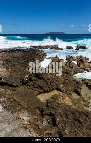 Les vagues de l'océan Atlantique qui s'écrase sur la côte de calcaire de la péninsule de Pointe des Châteaux sur l'île de Grande-Terre, Guadeloupe. Banque D'Images