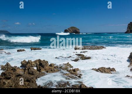 Les vagues de l'océan Atlantique qui s'écrase sur la côte de calcaire de la péninsule de Pointe des Châteaux sur l'île de Grande-Terre, Guadeloupe. Banque D'Images