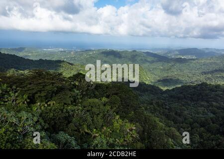 Vue au nord-est depuis la Tour de Yokahu dans la forêt nationale d'El Yunque à Porto Rico avec l'océan Atlantique au loin. Banque D'Images