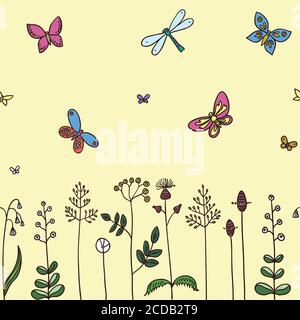 Paysage de printemps mignon avec des fleurs et des papillons Illustration de Vecteur