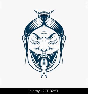 Geisha femelle japonaise avec langue serpent. Hurlant femme effrayante. Symbole mythologique chinois ou asiatique pour tatouage ou étiquette. Ligne gravée dessinée à la main Illustration de Vecteur