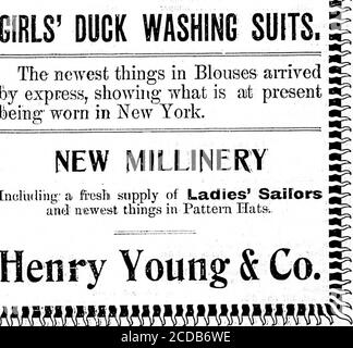 . Coloniste quotidien (1900-04-15) . MONTRER CETTE SEMAINE^ EN CANARD ET DENIM, FILLES DOCK WASHING COSTUMES. Les nouveautés dans les chemisiers arrivedby express, montrant ce qui est à la presentfeeing porté à New York. NOUVELLE LAILLERIE, y compris; un nouvel approvisionnement de marins de Dames et des choses plus récentes dans les chapeaux de motif. mmmm. Joueurs de tenuis ! Votre oreille. ** * ],&. haw JAST a reçu nos 1000- stocks de produits Teanis, y compris les ballons de championnat Wright et Ditsons; PIM.Larned,. Et. Autres bien connus.Racquets TEMtS POTEAUX, FILETS, ETC. 4&gt ; T WIT W- Waitt ca^Gover^eStSt. JE RECHERCHE MFR UN FILS. Tlie LAD a déserté sa maison à NewXork quatre Sam Banque D'Images