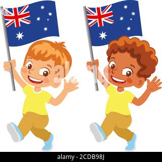 Drapeau australien en main. Drapeau de retenue des enfants. Drapeau national de l'Australie vecteur Illustration de Vecteur