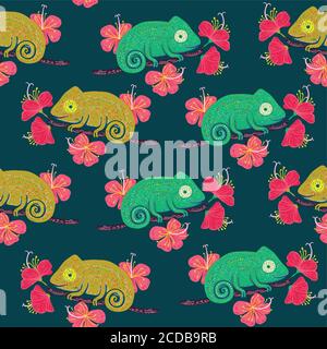 Caméléon sur une branche avec hibiscus fleurs sans couture Illustration de Vecteur