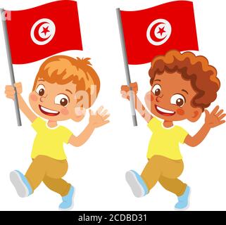 Drapeau tunisien en main. Drapeau de retenue des enfants. Drapeau national de Tunisie vecteur Illustration de Vecteur