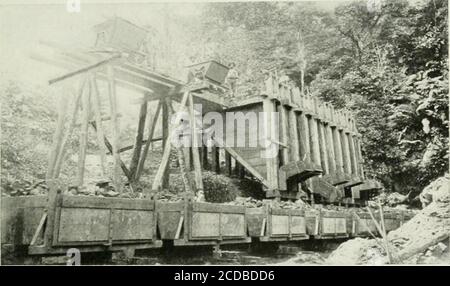 . Gestion industrielle et usine . EXTRACTION DU MANGANÈSE ET TRANSPORT VERS LE CHEMIN DE FER. L'EXPLOITATION MINIÈRE DU MANGANÈSE EN COLOMBIE. 439 voie ferrée. Le minerai a été manipulé dans les mines au moyen d'une voie bâble et de wagons de déversement latéral d'une tonne de fer. Les voies étaient longeant le flanc de la colline à différentes élévations, la distance verticale entre elles étant de 25, 50, ou plus pieds, selon la répartition du minerai. Ils ont été posés à une pente légère de ^^ à 2 pour cent., permettant aux voitures chargées de descendre presque par elles-mêmes, et au moment même où il n'a pas besoin de beaucoup d'é.xertion de la part des hommes à la poussée Banque D'Images