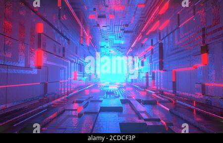 Arrière-plan futuriste de science-fiction abstrait. Tunnel technologique moderne avec fond de lumière néon. Image de rendu 3D Banque D'Images