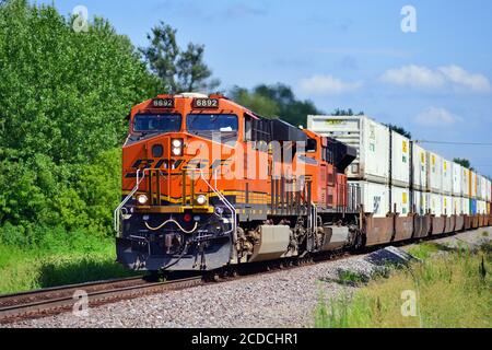 Flagg Center, Illinois, États-Unis. Dirigé par une paire de locomotives, un train de marchandises intermodal de Burlington Northern Santa Fe traverse la région rurale de l'Illinois. Banque D'Images