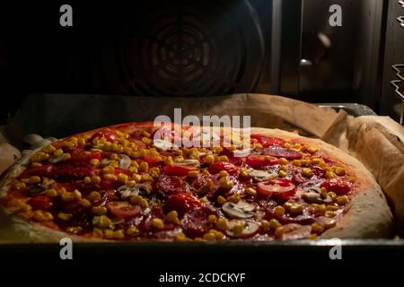 Pizza maison cuite au four électrique sur pâte épaisse Banque D'Images