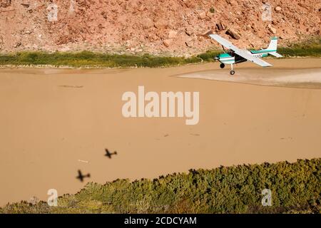 Un Cessna 180 Skywagon de l'Utah Backcountry Pilots Association survole la rivière Green à Labyrinth Canyon près de Moab, Utah. Les ombres de deux Banque D'Images