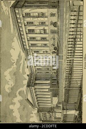 . Le compagnon et guide de Roose pour Washington et ses environs. , a été commencé par M. Mills, qui a été remplacé, en 1851, par Edward Clark, alors assistant à l'architecte du Capitole, par lequel le bâtiment a été mis en place en 1864. Les nouvelles parties sont de marbre du Maryland sur les extensions de rue et de granit sur le quadrilatère intérieur.le bâtiment contient.environ 191 chambres, et coûte $2,700,000. Quatre halls au deuxième étage sont à la boussole de tout le bâtiment. En décembre 1836, un incendie a consommé le bâtiment alors occupé par l'Office des brevets, où se trouve le Bureau général des postes. Les modèles accullat Banque D'Images