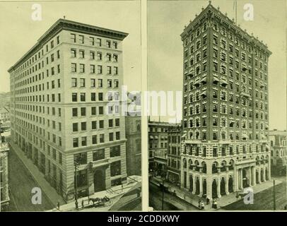 . Vues sur Providence . EXTÉRIEUR ET INTÉRIEUR DE L'ARCADE. Ce bâtiment unique en granit, situé entre Westminster et Weybosset Streets, a un toit entièrement en verre, magasins. Ses six colonnes ioniques massives (monolithes) sur chaque front sont en granite de Quincy. Il a été construit en 182S pour la vente au détail. BANIGAN BLMLDING, rue Weybosset. Dédié aux institutions bancaires, aux assurances, aux biens immobiliers, aux valeurs mobilières et autres bureaux à des fins générales. IMMEUBLE DE LA SOCIÉTÉ de FIDUCIE UMUN, rue Dorrance, à l'angle de la rue Westminster. (Le plus haut bâtiment Providence, i6S pieds de haut, comprenant douze étages.) FR Banque D'Images