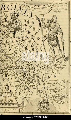 . La Pennsylvanie-allemande dans la colonie du Maryland . ./VILJCYJATANX- CAPTAIN JOHN SMITHS 5ERMAN SOCIETY. P DE VIRGINIE, 1606. Pennsylvania-German dans la colonie du Maryland. 9 village de village que le pionnier robuste a tourné son attention à explorer le pays au nord, et dans l'été de 1608, il a fait deux voyages dans un bateau ouvert, avec quelques com-panions, Et fait son chemin jusqu'au nord jusqu'à l'embouchure de la Susquehanna, explorant les différents fleuves et les markingeux sur sa carte avec une précision qui est à peine dépassée ededat aujourd'hui. Il a racouru le fleuve Potomac pour apoint au-dessus du présent s Banque D'Images