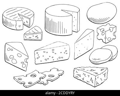 Jeu de fromage graphique noir blanc isolé nourriture dessin vecteur d'illustration Illustration de Vecteur