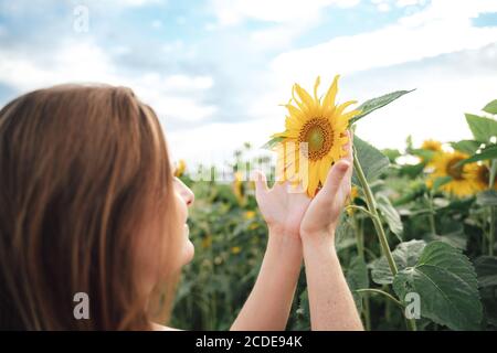 Vue rapprochée de côté de la femme caucasienne tenant le tournesol ferme pendant la saison de printemps Banque D'Images