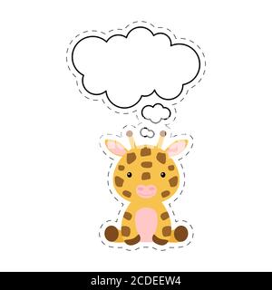 Jolie girafe de dessin animé avec autocollant à bulle de discours. Caractère kawaii sur fond blanc. Caricature de carte postale d'animal assis pour anniversaire, douche Illustration de Vecteur